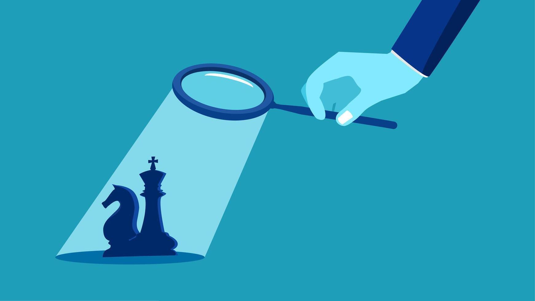 hand holding magnifying glass over chess piece vector