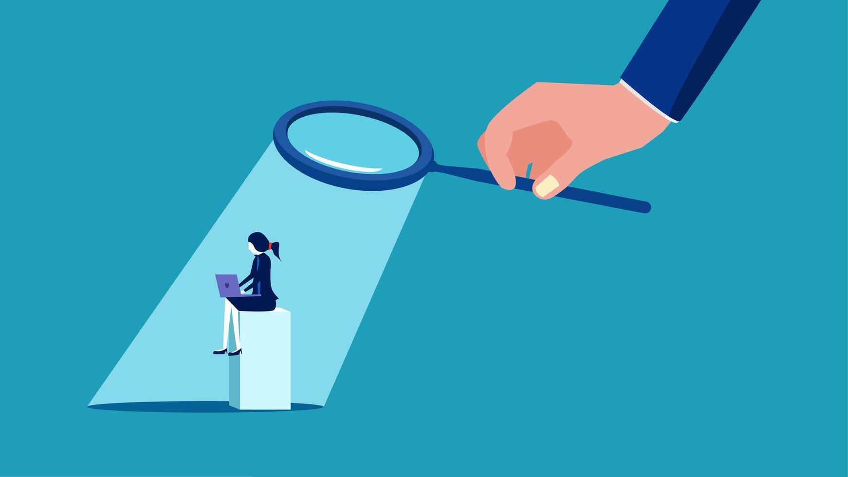 a hand is holding a magnifying glass over a woman sitting on a stool vector