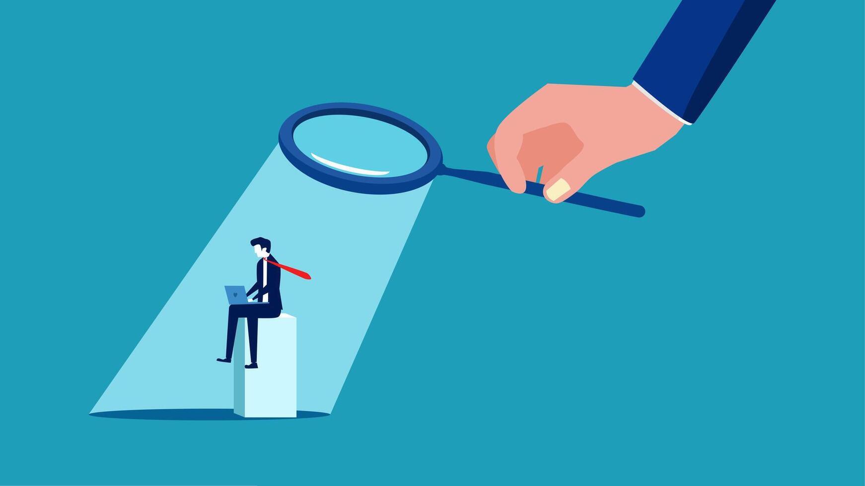 businessman looking at a magnifying glass and a person on a stool vector