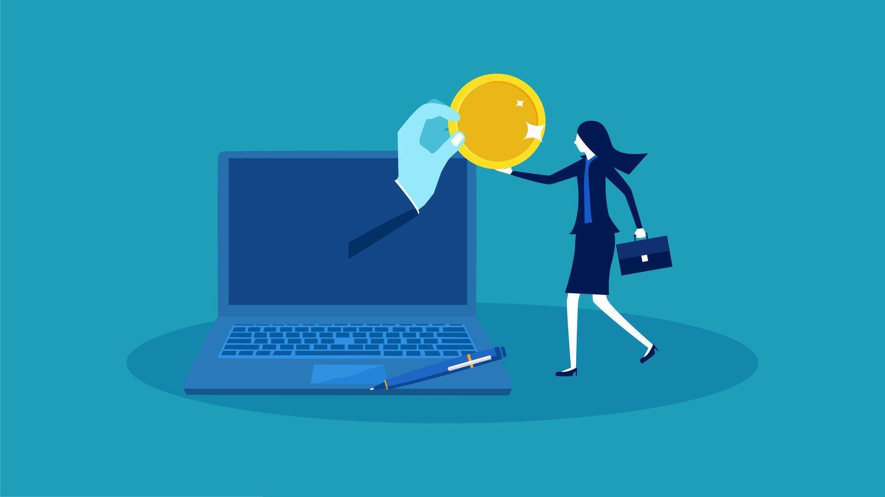 businesswoman holding a coin and a laptop computer vector