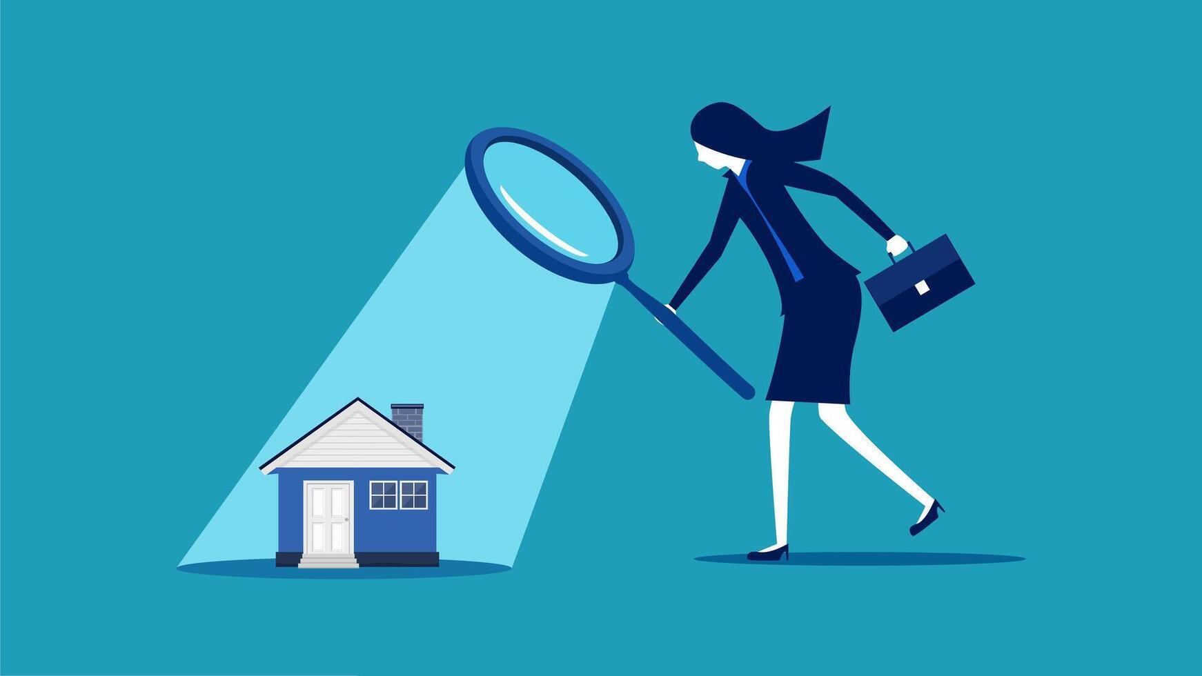 a woman is looking at a house with a magnifying glass vector