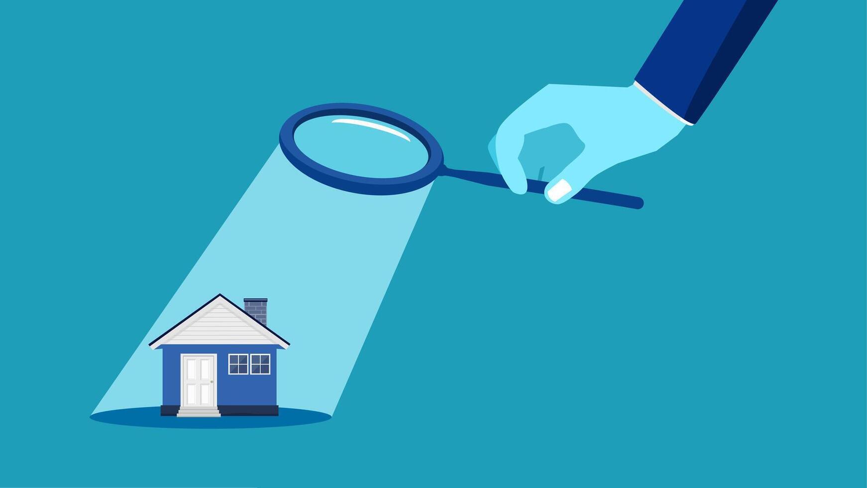 hand holding magnifying glass over house and house under magnifying glass vector
