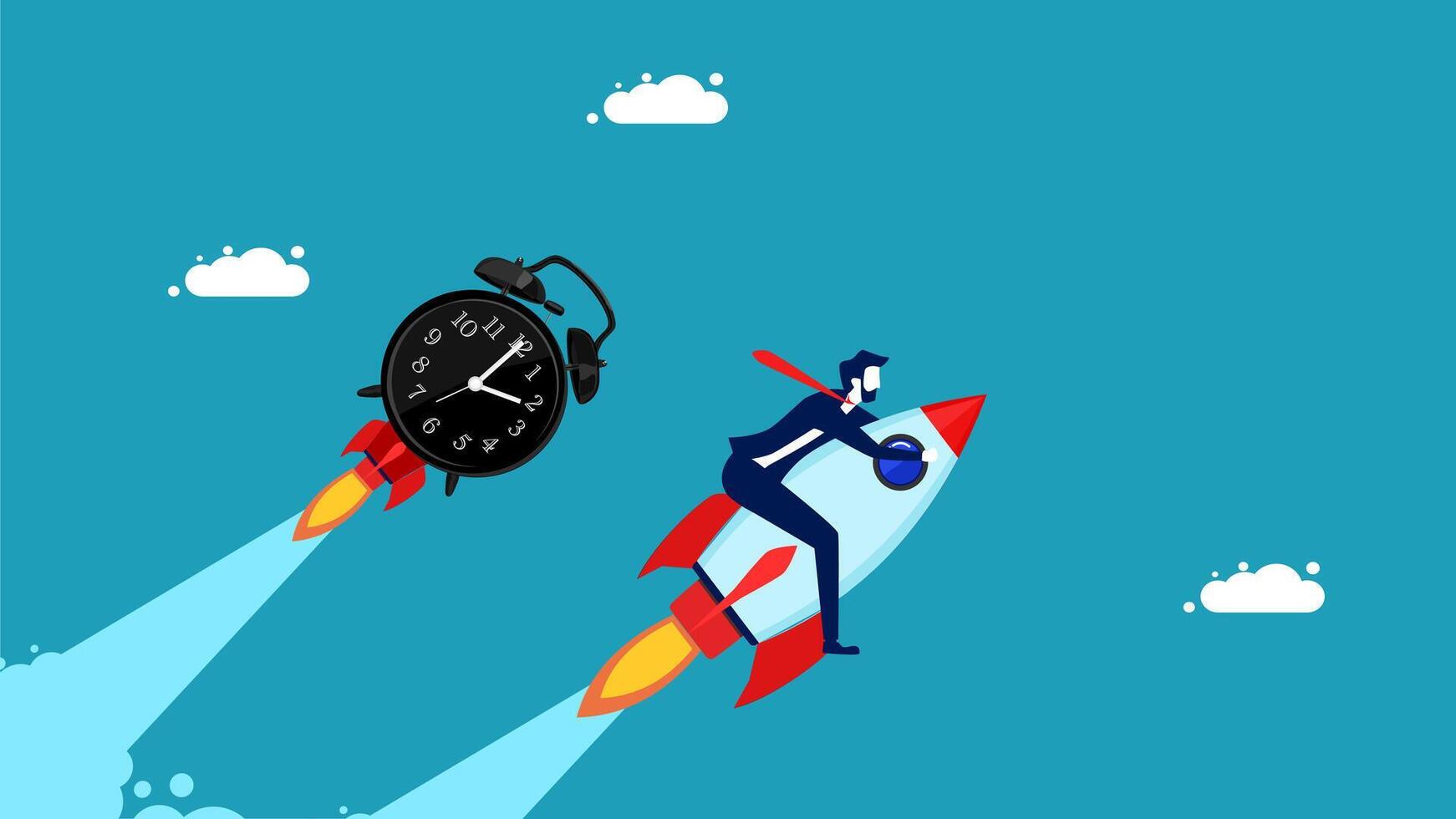 a man in a suit is riding on a rocket with an alarm clock vector