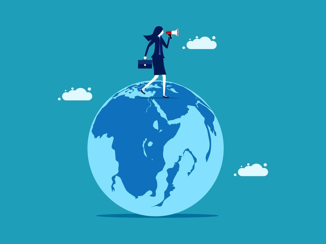 businesswoman standing on the globe with a megaphone vector