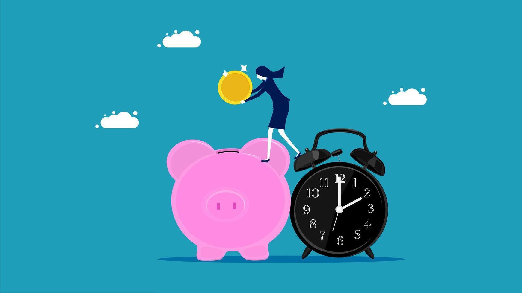a woman is putting money into a piggy bank and an alarm clock vector