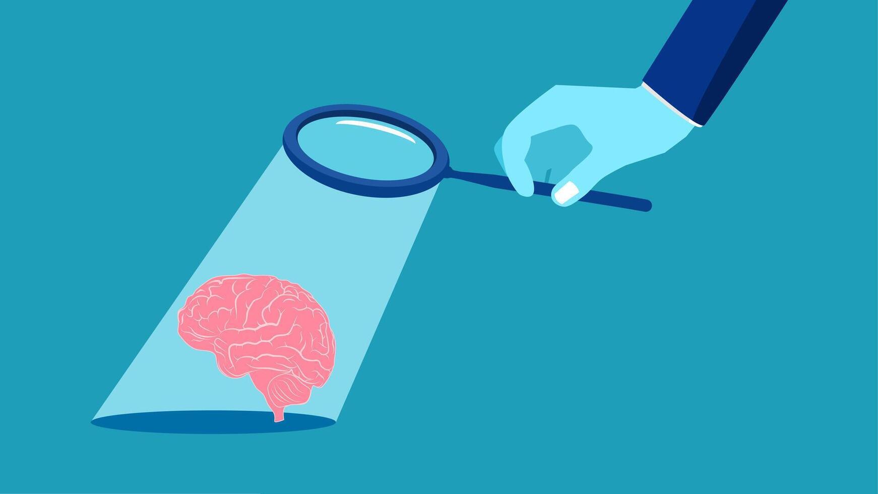 a hand holding a magnifying glass over a brain vector