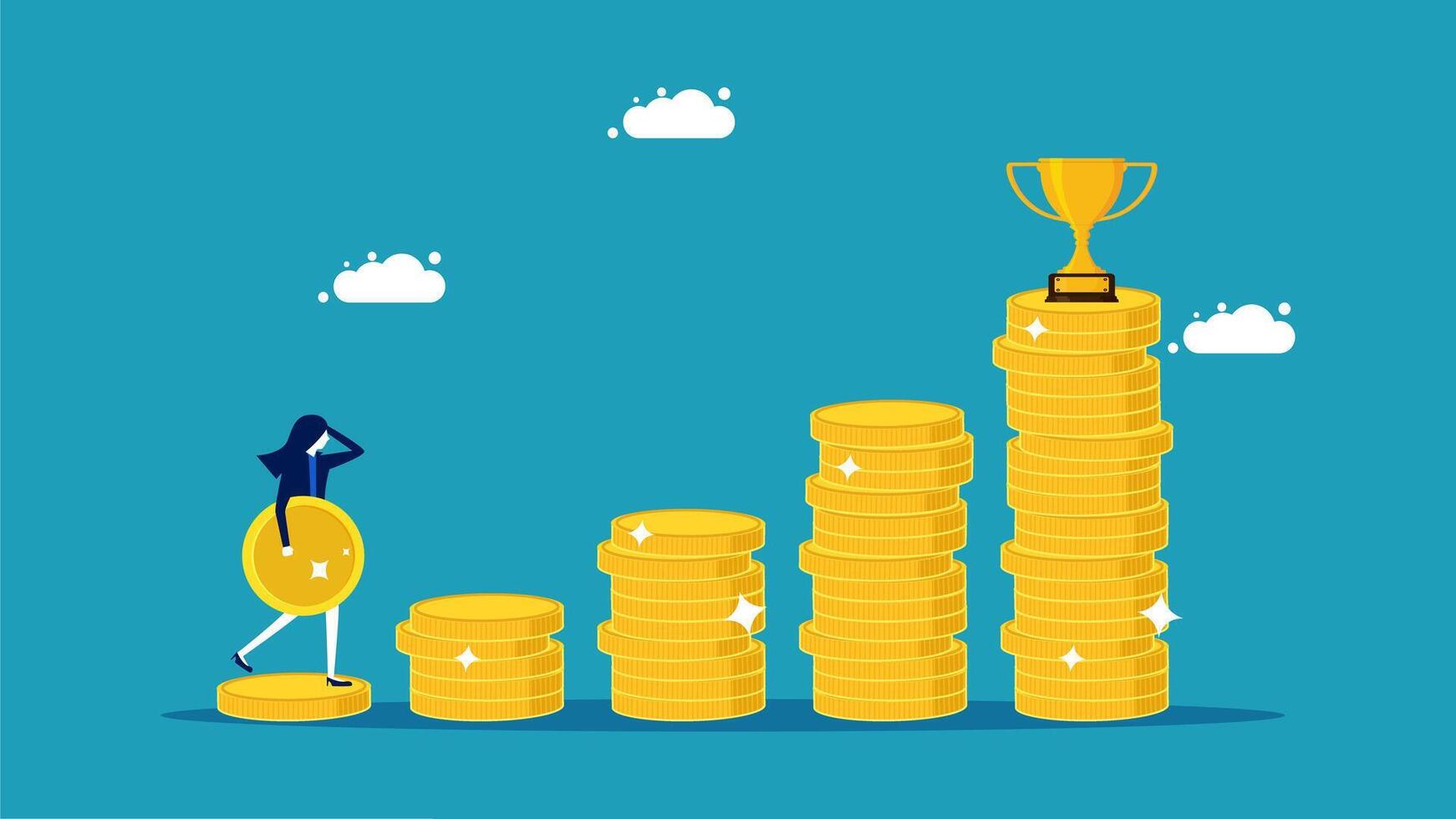 businesswoman standing on top of stacks of coins with a trophy vector