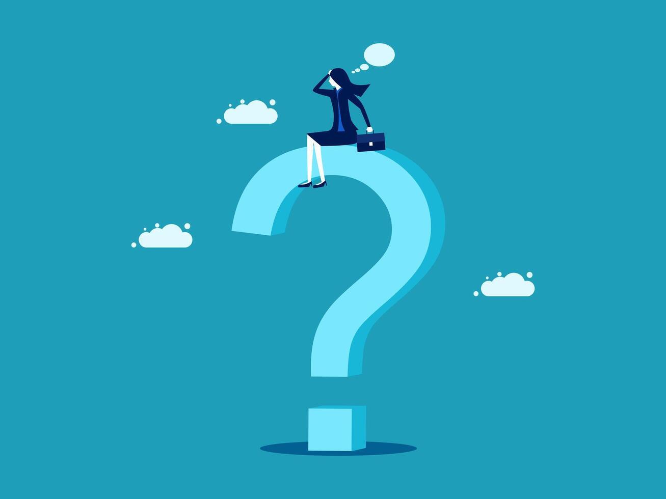 businesswoman sitting on top of question mark with clouds vector