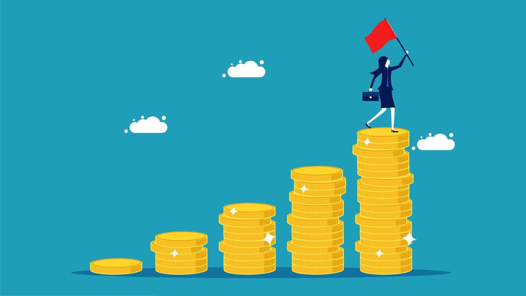 businesswoman standing on top of stacks of coins with red flag vector