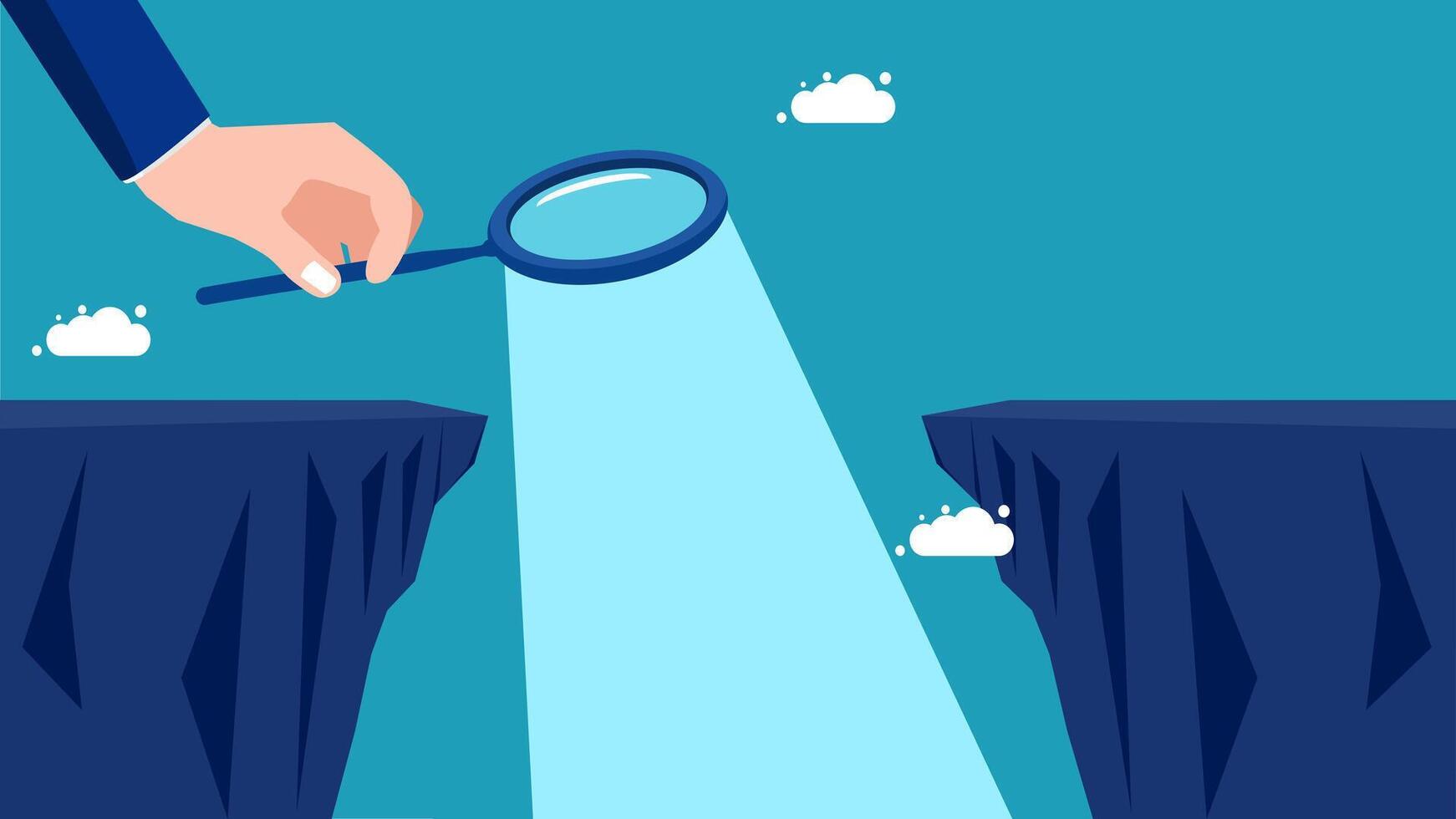businessman with a magnifying glass looking for a way to the top of a cliff vector
