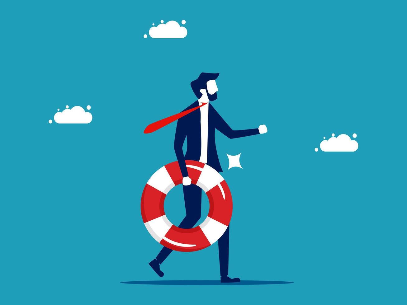 businessman with life preserver walking on blue background vector