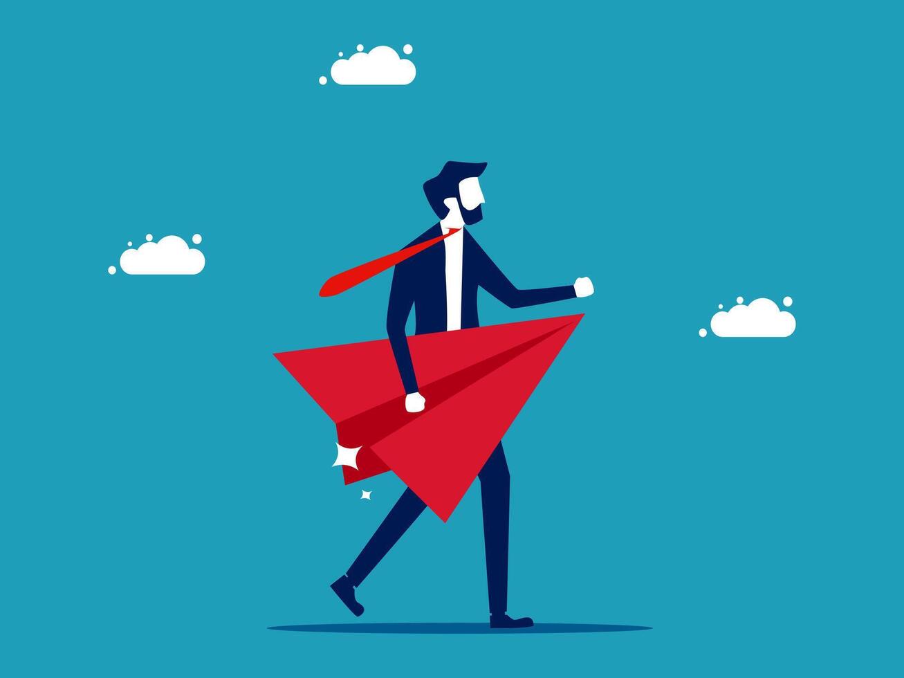 businessman with red paper plane in hand, running away from the clouds vector