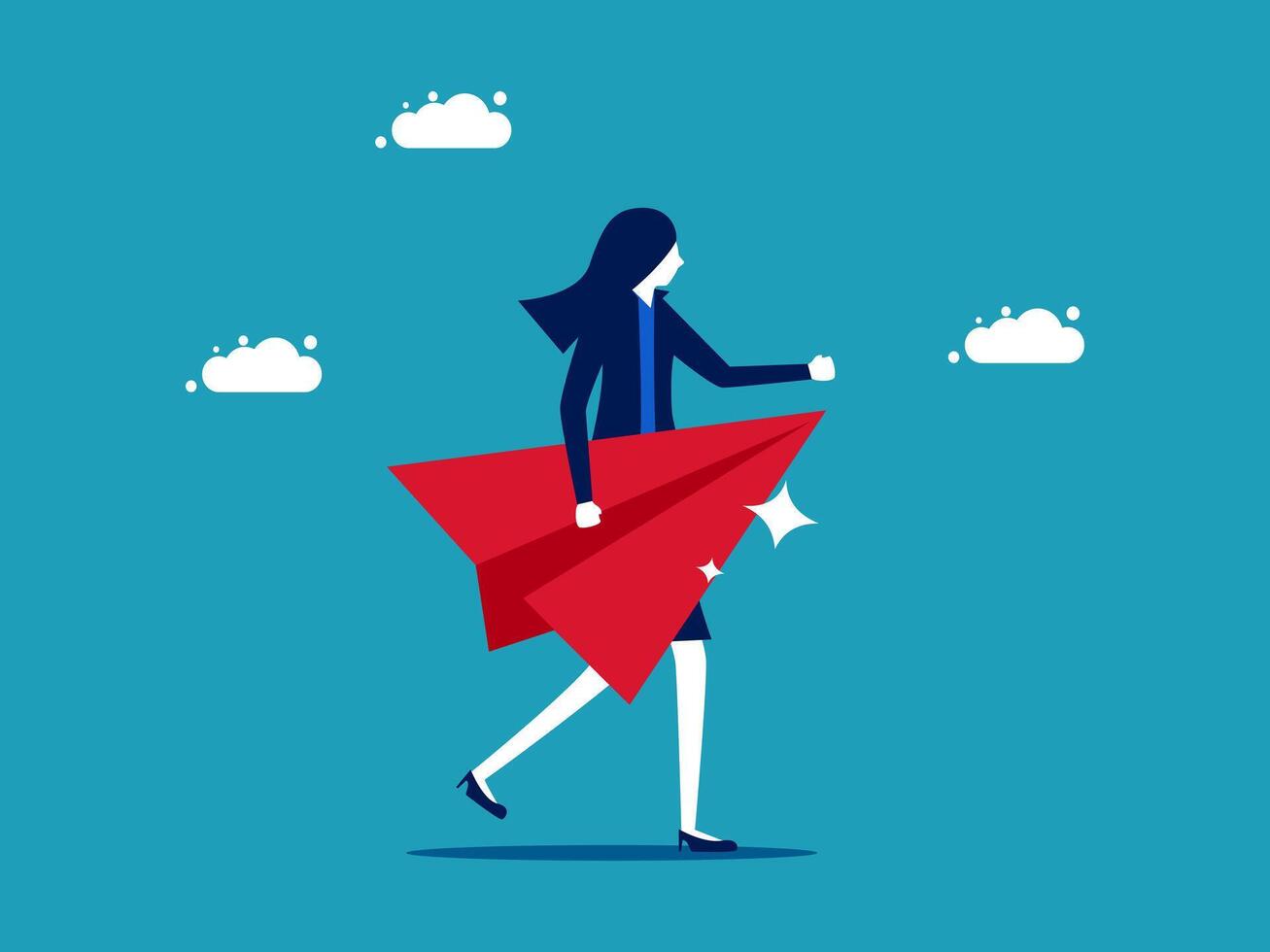 businesswoman with red paper plane in hand, running away from the clouds vector