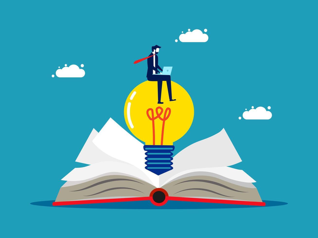 man sitting on top of an open book with an idea bulb vector