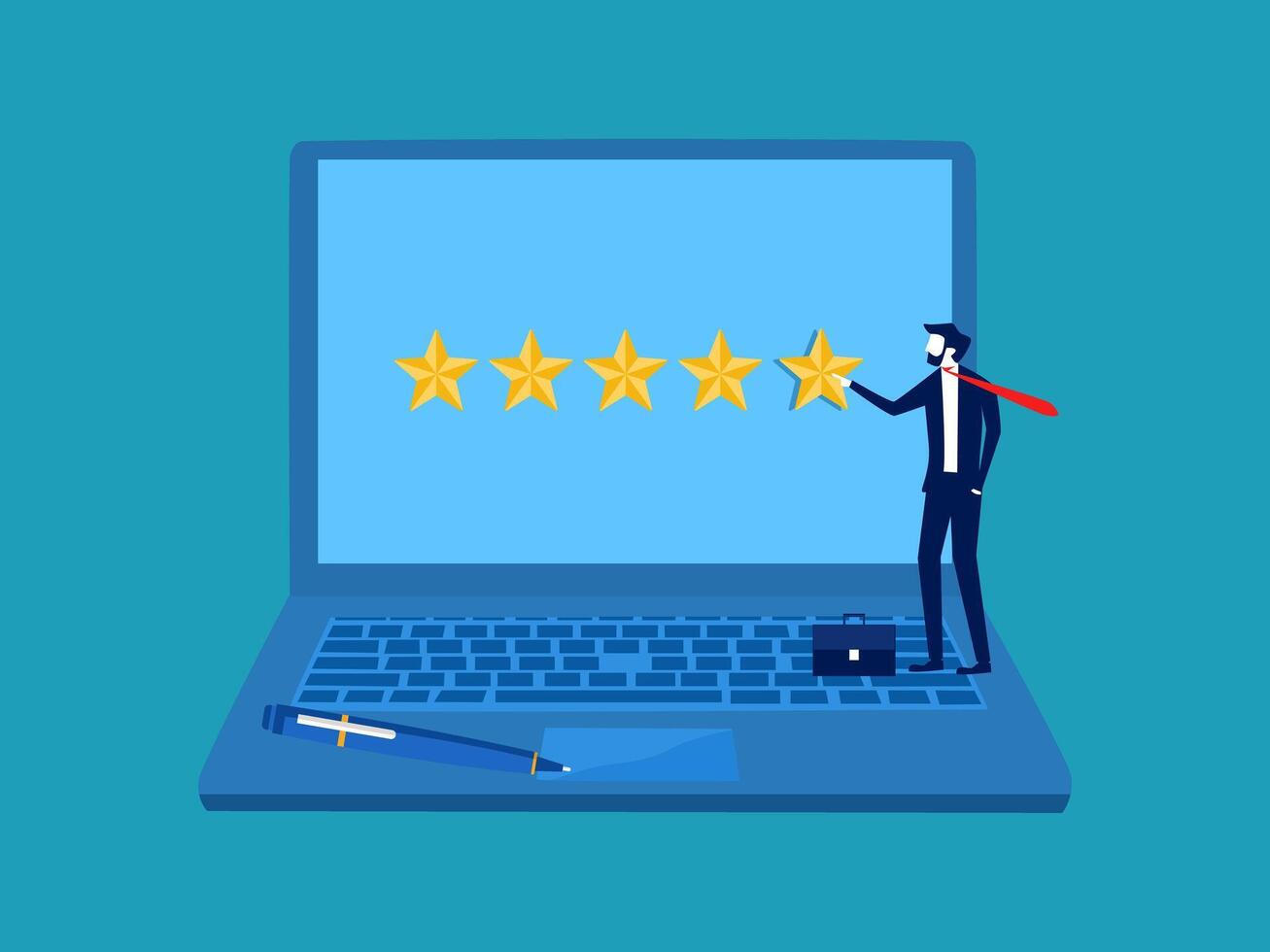 a man is standing next to a laptop with five stars vector