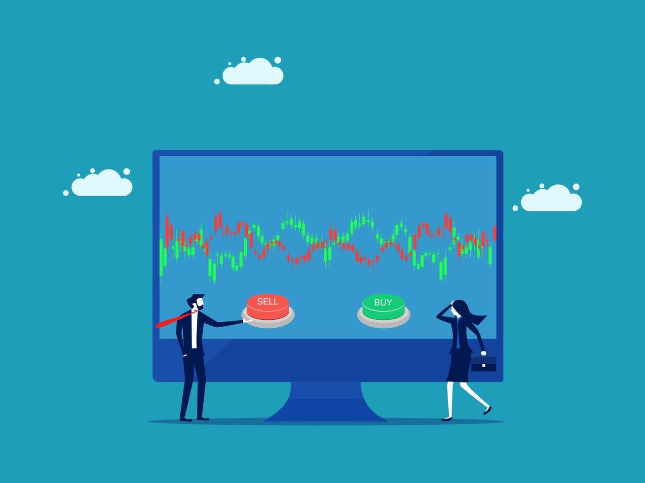 business people looking at a computer screen with a stock chart vector