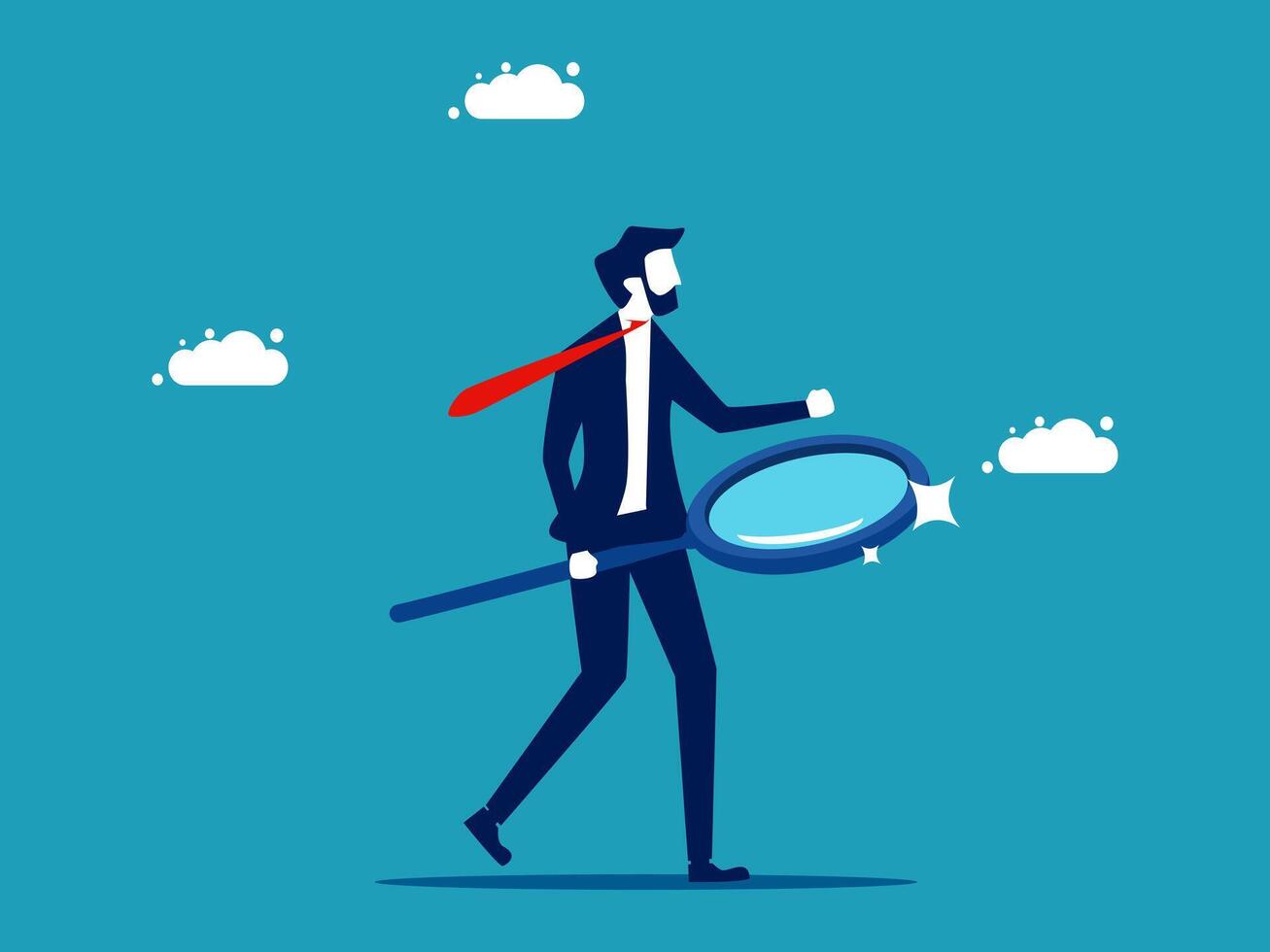 businessman with magnifying glass and red tie walking on blue background vector