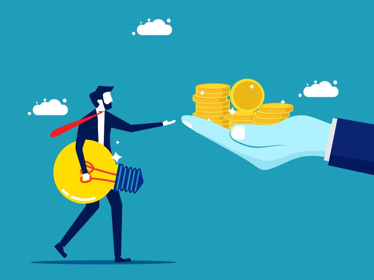 businessman holding a hand with a coin and a light bulb vector