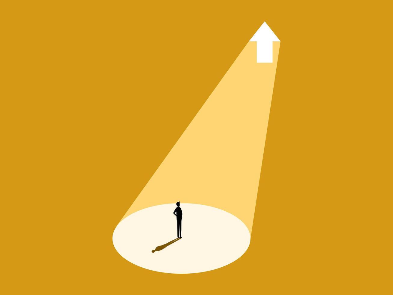 See opportunities for growth. Businessman standing in spotlight with growth arrow vector