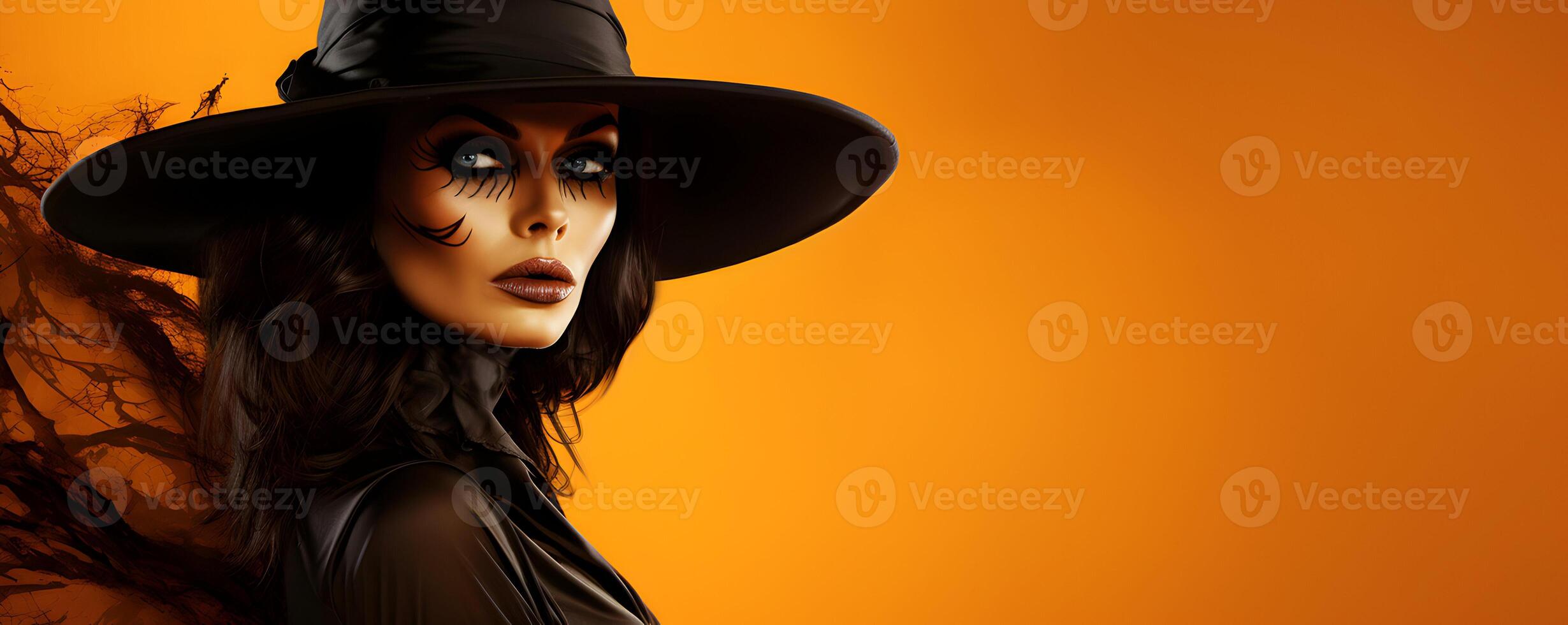 Photo Smiling Woman Dressed as Witch for halloween day with copy space