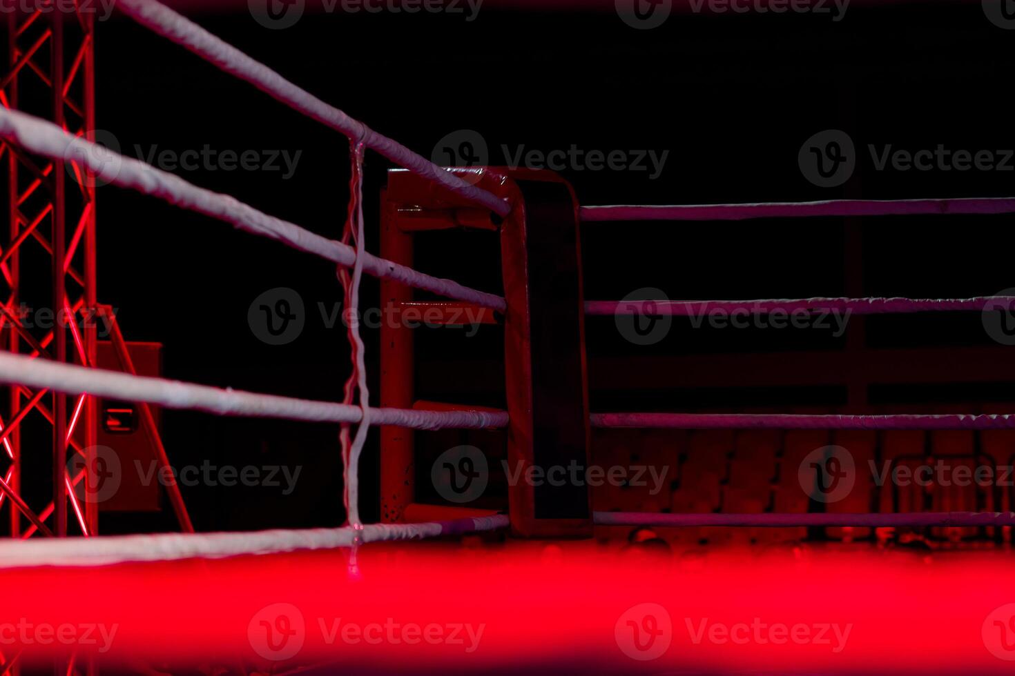 Empty boxing ring with red ropes for match in the stadium arena. Creative artwork decoration. Foggy background with light. Selective focus photo