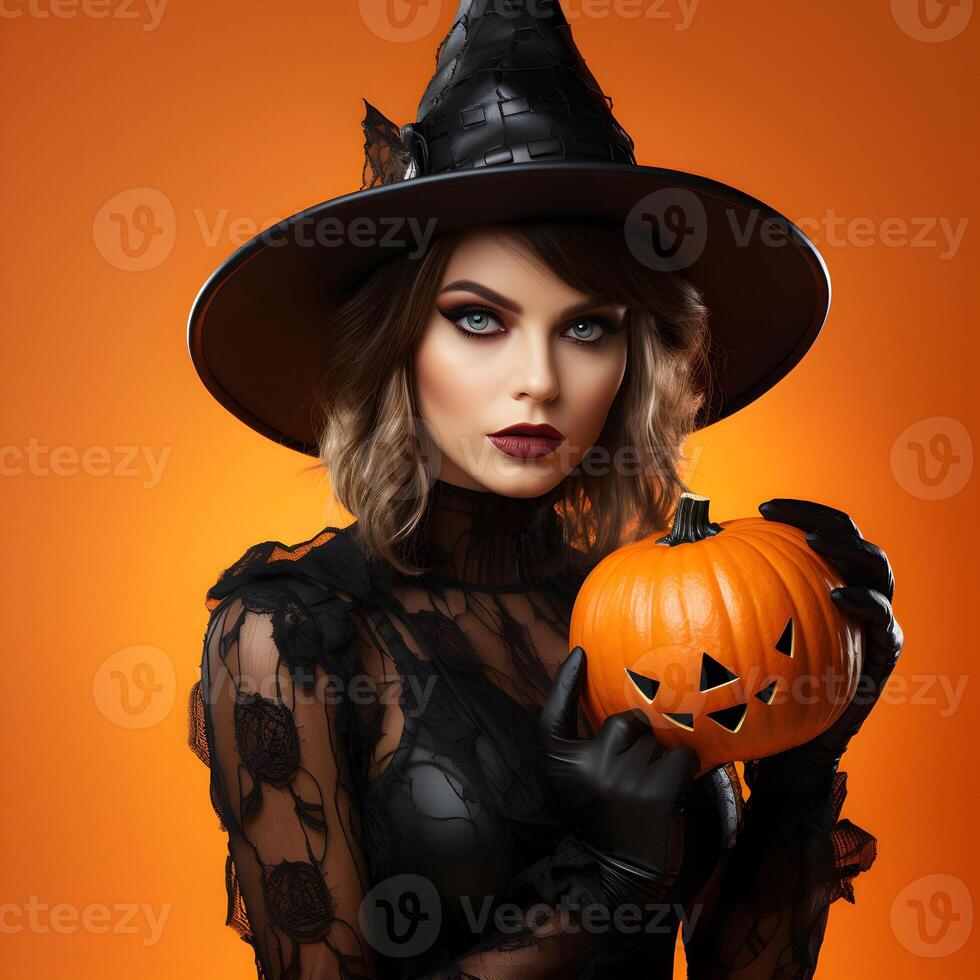 Photo Woman in witch costume with spooky evil pumpkin Halloween day concept