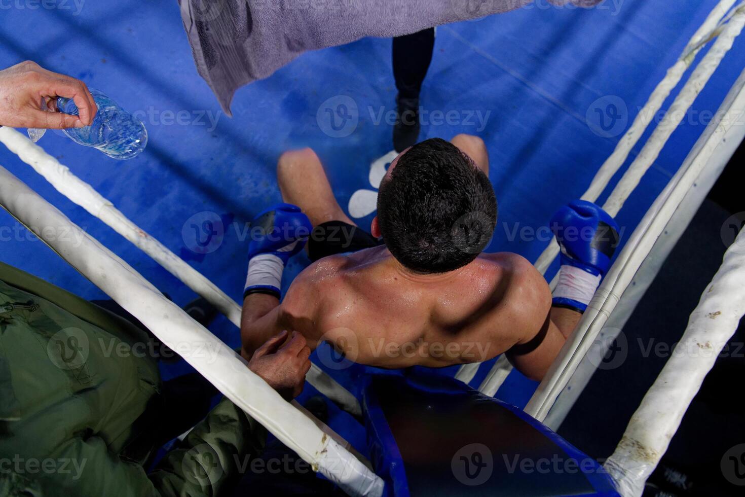 Top view of cornered boxer receives strategic advice from trainer during intense bout. photo