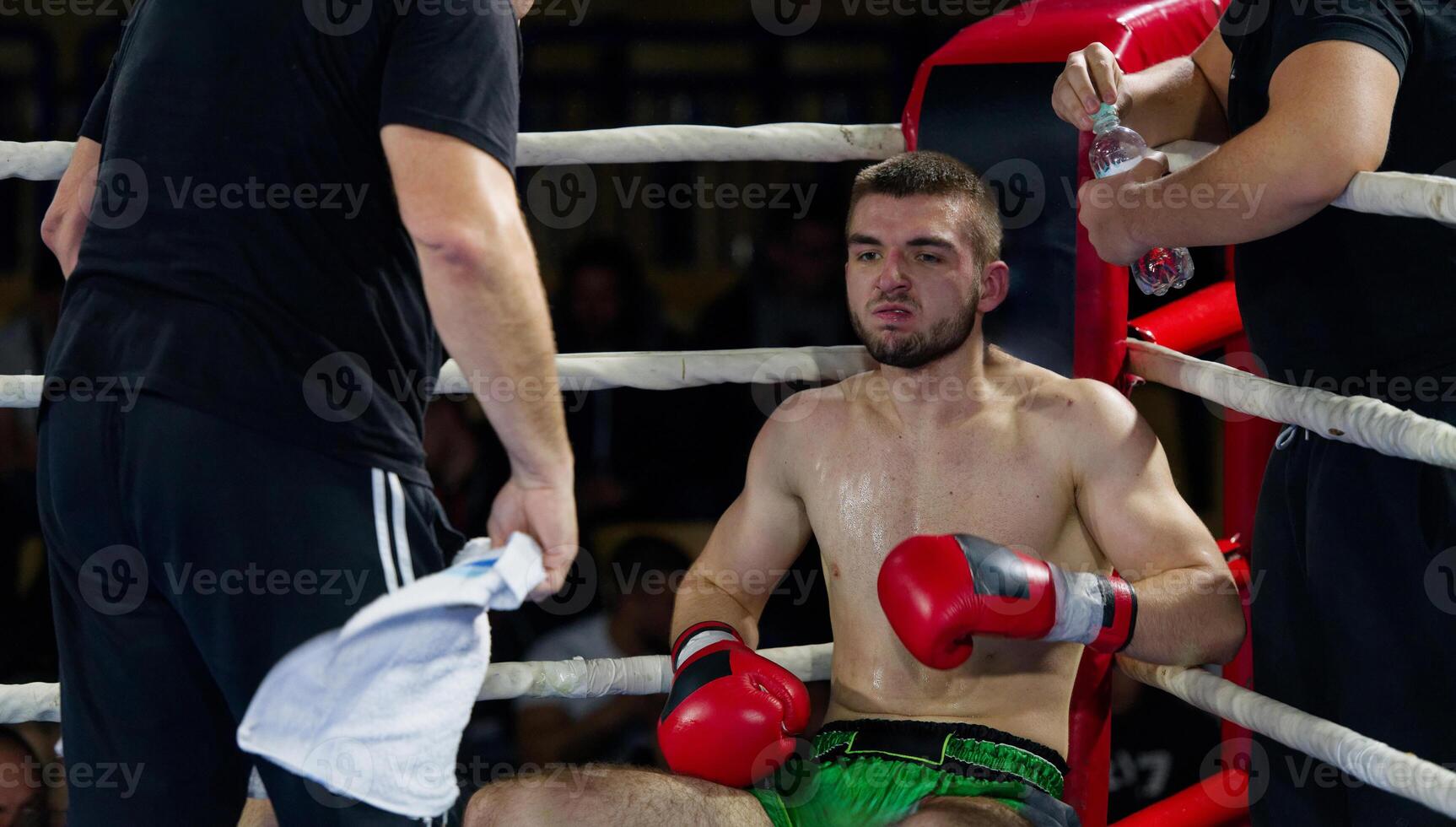 Cornered boxer receives strategic advice from trainer during intense bout. photo