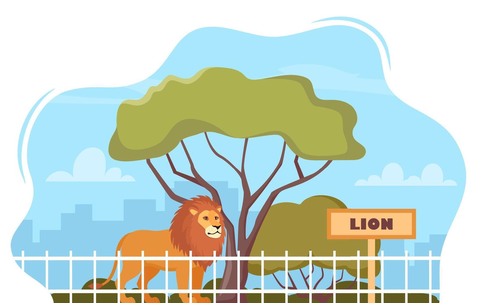 Lion on territory of wildlife zoo park surrounded by fence. illustration. vector