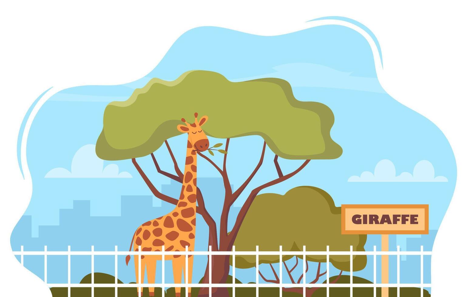 Giraffe on territory of wildlife zoo park surrounded by fence. illustration. vector