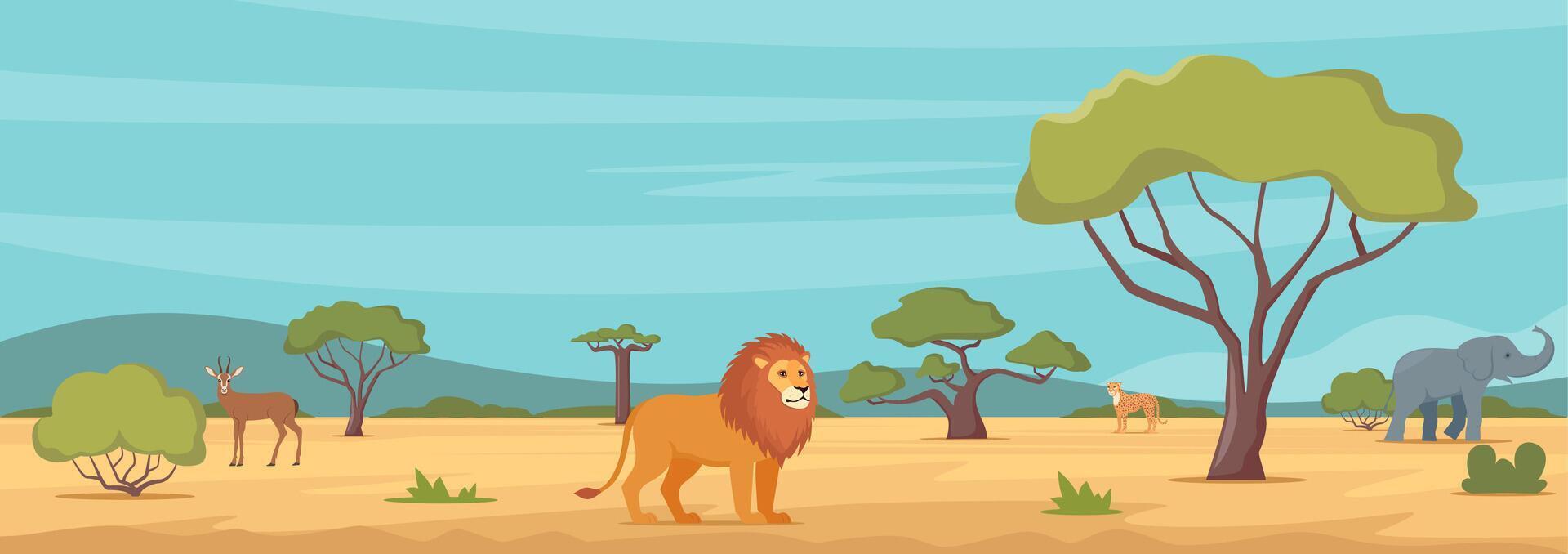 African savannah landscape with green trees and animals. Kenya panoramic view, wild nature. Jungle inhabitants in zoo area, exotic creatures, wildlife of Africa. illustration. vector
