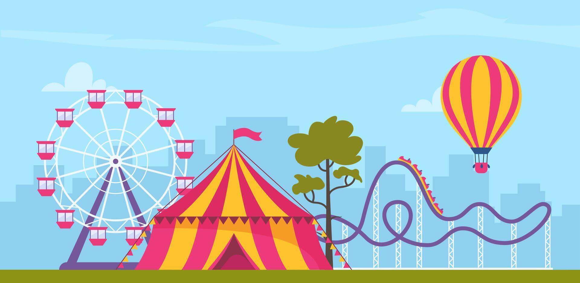 Amusement park composition with outdoor scenery and view of circus, rollercoaster and ferris wheel. illustration. vector