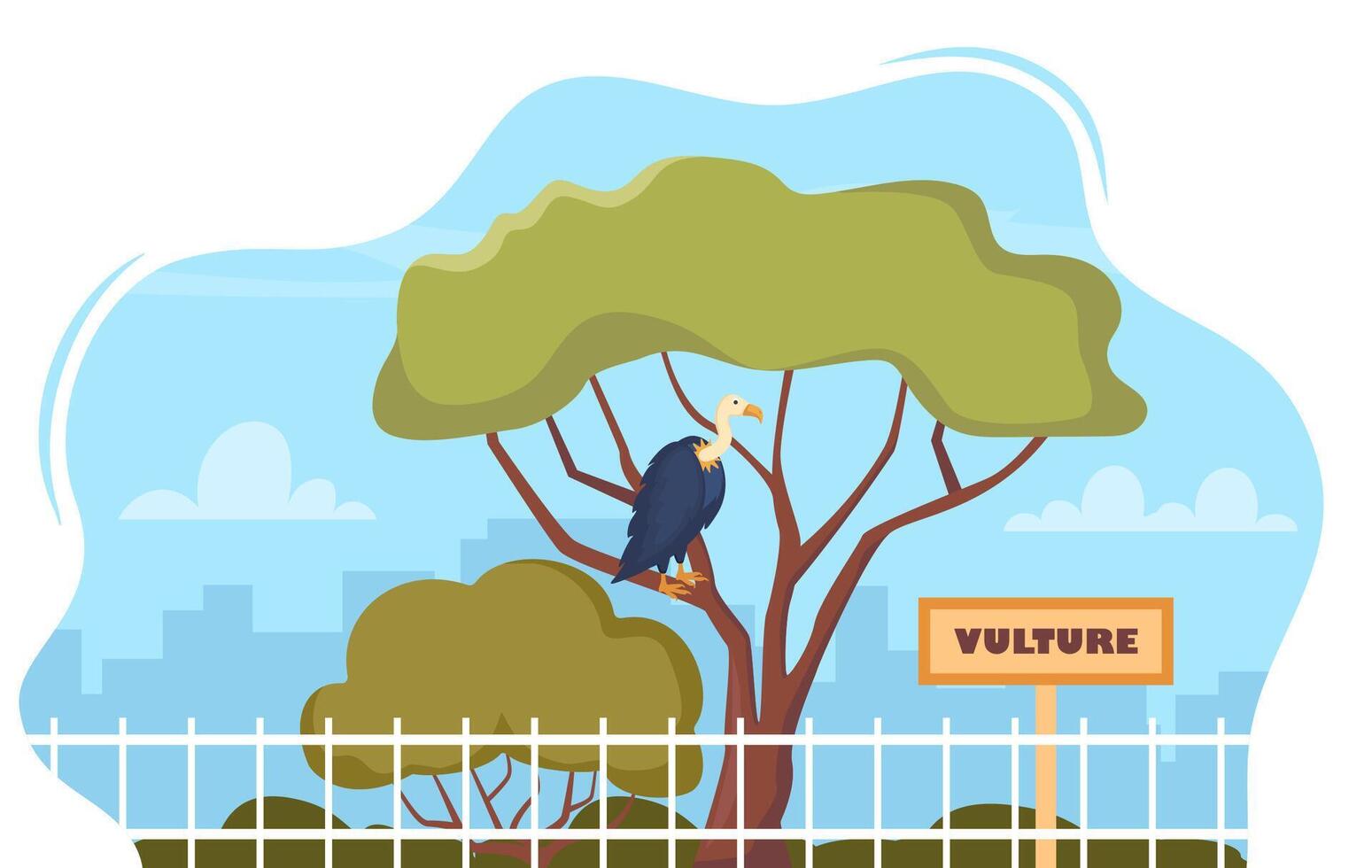 Vulture on territory of wildlife zoo park surrounded by fence. illustration. vector