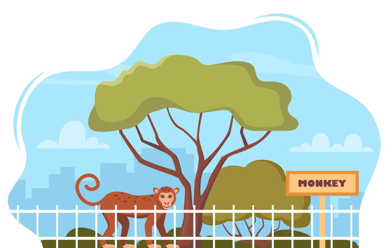 Monkey on territory of wildlife zoo park surrounded by fence. illustration. vector