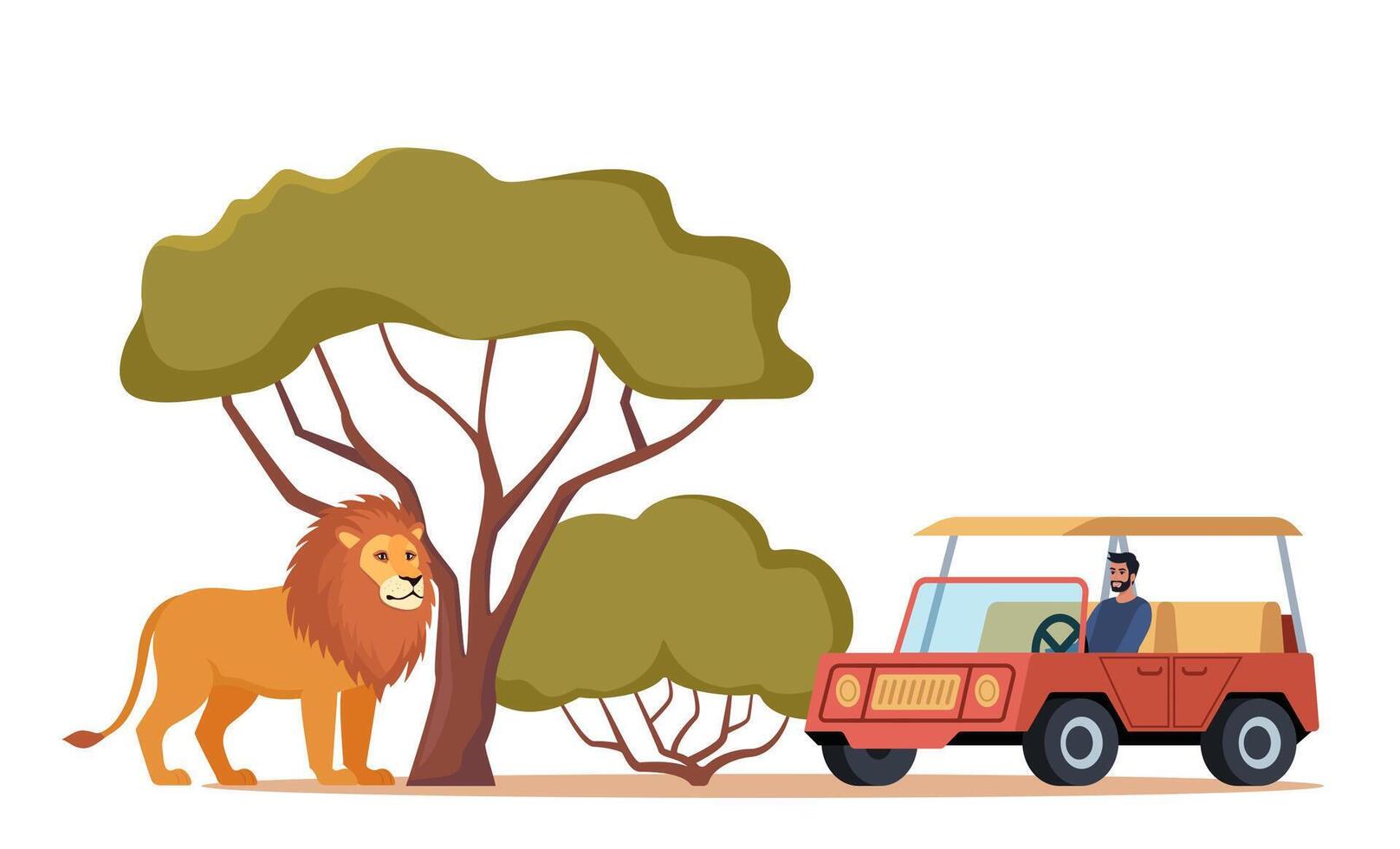 African safari. Man in jeep drive through African savannah and look at tropical and exotic animals. Tourists watching elephants. . vector