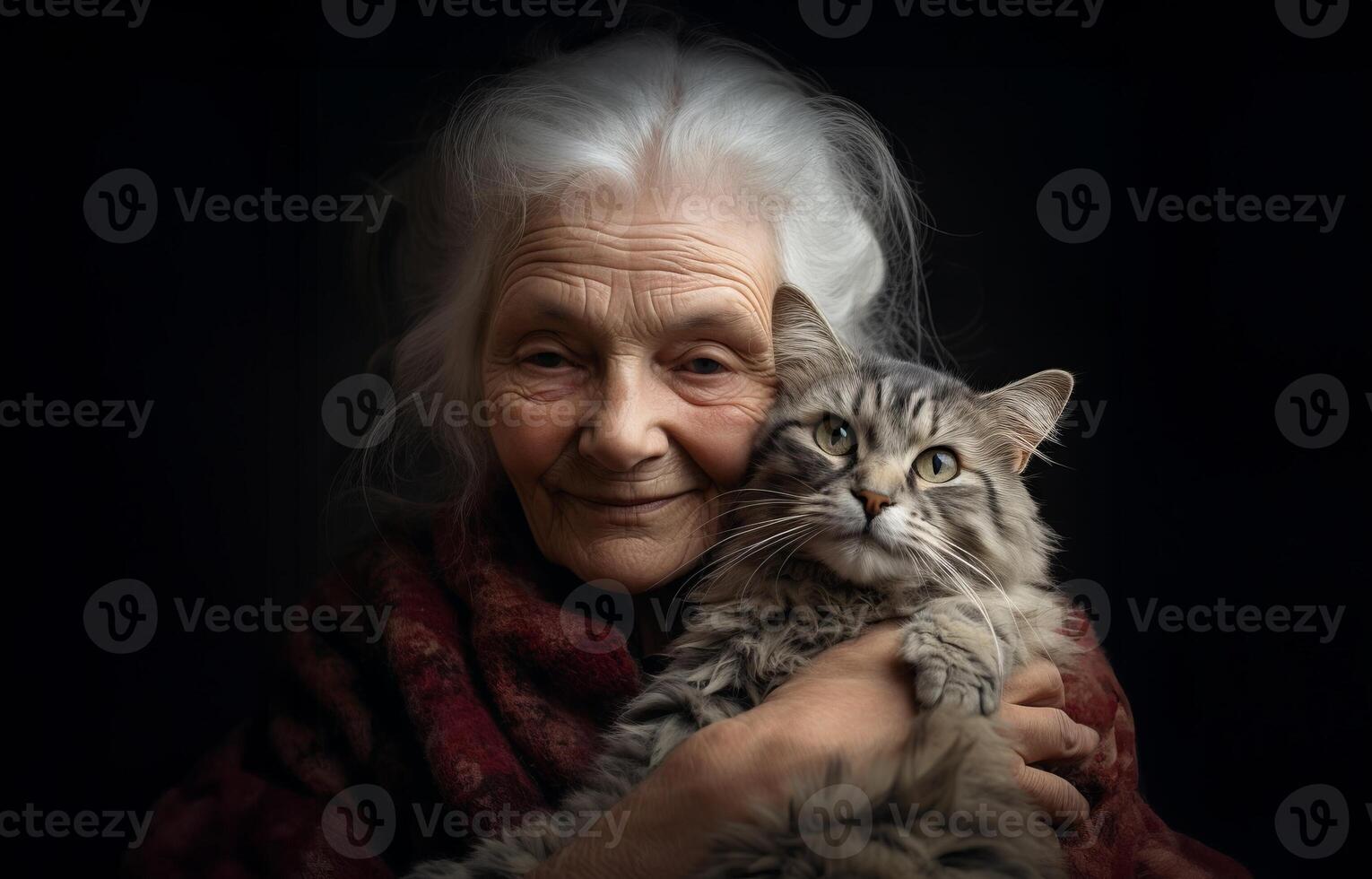 An elderly woman is captured in a heartwarming embrace with her cat, showcasing the deep bond of love, companionship, and contentment between them.Generated image photo