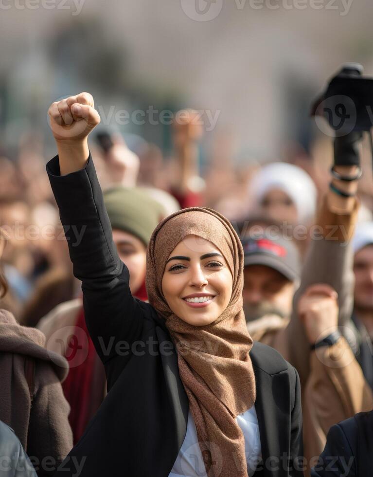 A group of Muslim women wearing hijabs is captured in a demonstration, symbolizing their collective struggle and advocacy for the rights of Muslims worldwide, emphasizing themes of photo
