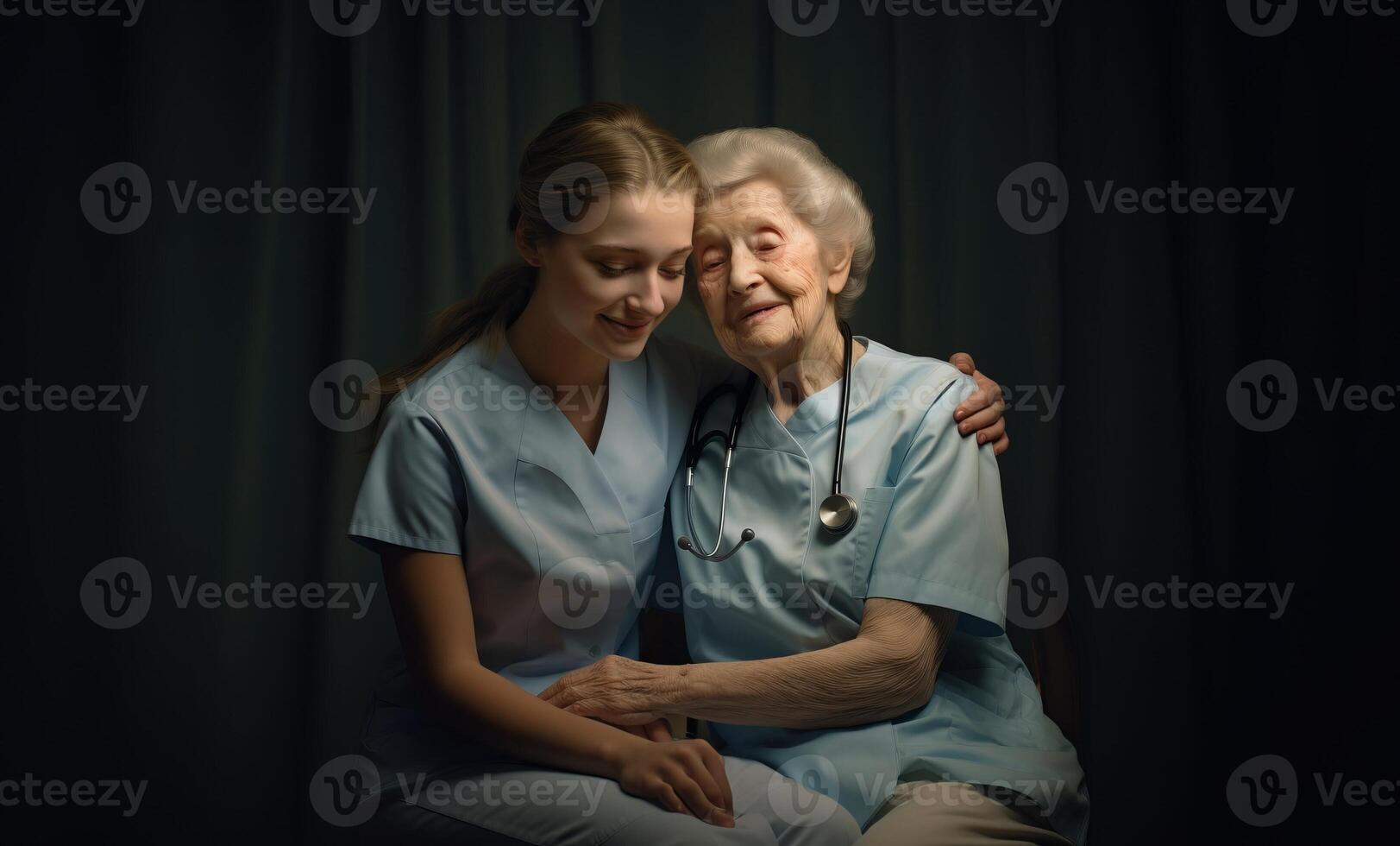 A nurse embracing an elderly woman in a dimly lit room, providing her with care, support, and comfort, symbolizing the compassion and empathy inherent in healthcare professions.Generated photo