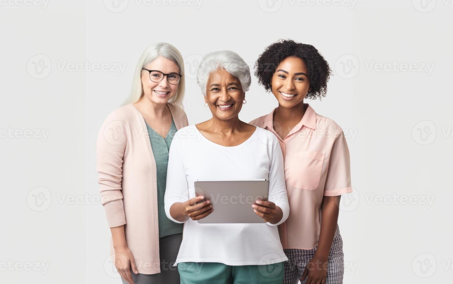 A diverse group of women is depicted against a grey background, with one woman holding a tablet, symbolizing connectivity, empowerment, and modern technology in a multicultural setting photo