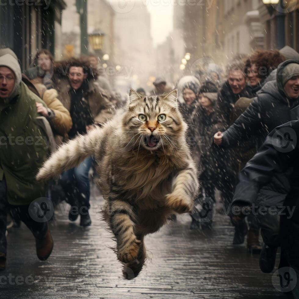 A close-up photograph captures a cat dashing through the urban streets with agility and speed, amidst the bustling cityscape photo