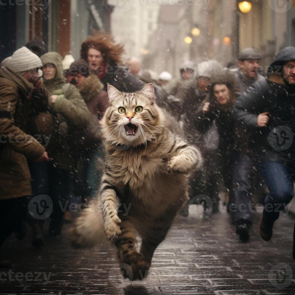 A close-up photograph captures a cat dashing through the urban streets with agility and speed, amidst the bustling cityscape photo