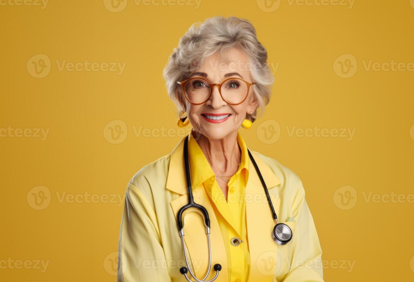 A modern senior doctor, isolated against a vibrant yellow background, radiates confidence and professionalism through her warm smile, symbolizing the self-assured expertise and positive photo