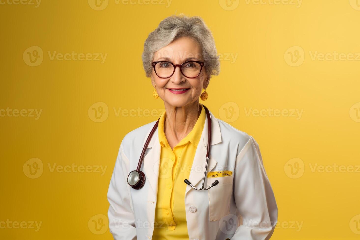 A modern senior doctor, isolated against a vibrant yellow background, radiates confidence and professionalism through her warm smile, symbolizing the self-assured expertise and positive photo