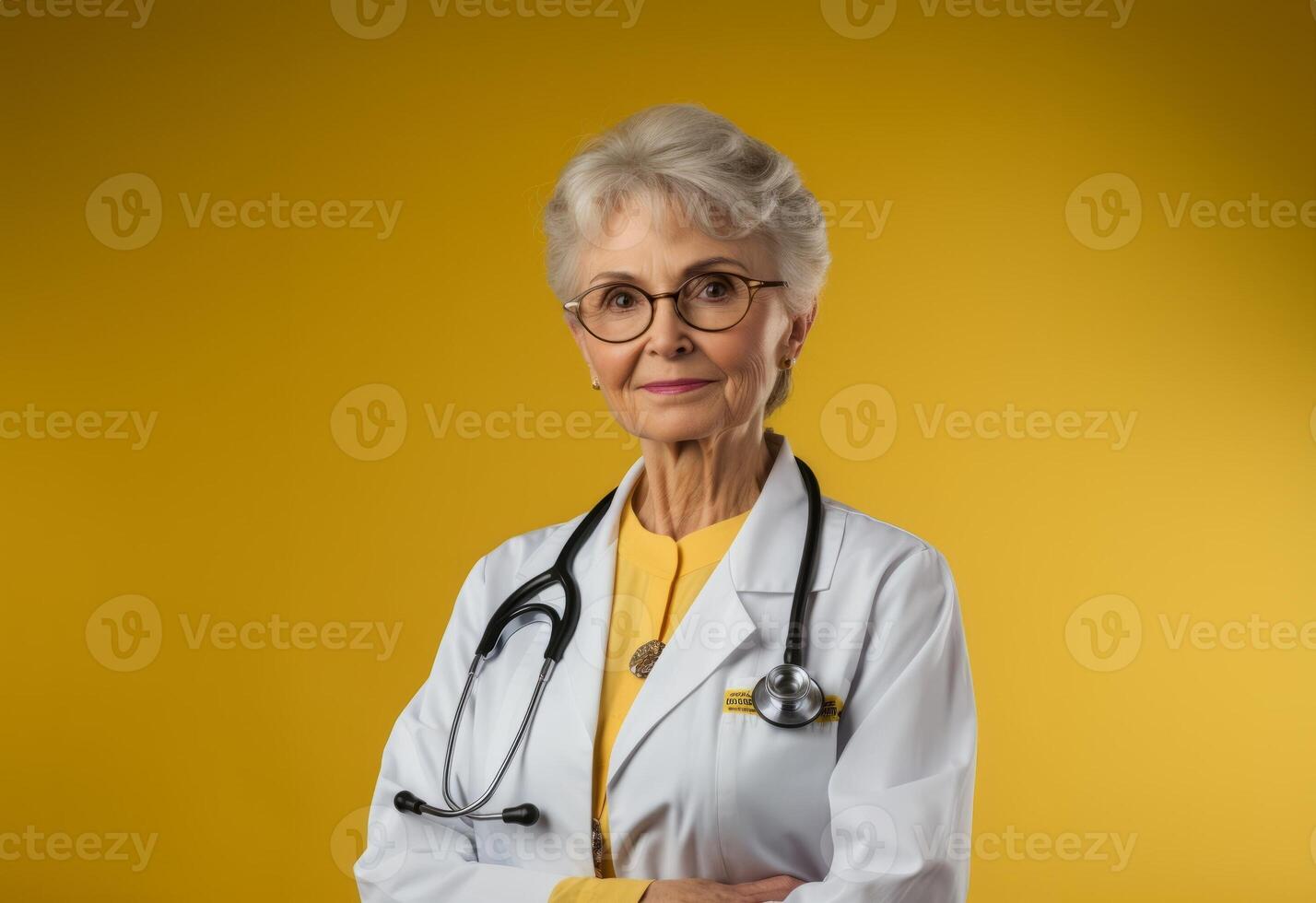 A modern senior doctor, isolated against a vibrant yellow background, radiates confidence and professionalism through her warm smile, symbolizing the self-assured expertise and positive photo