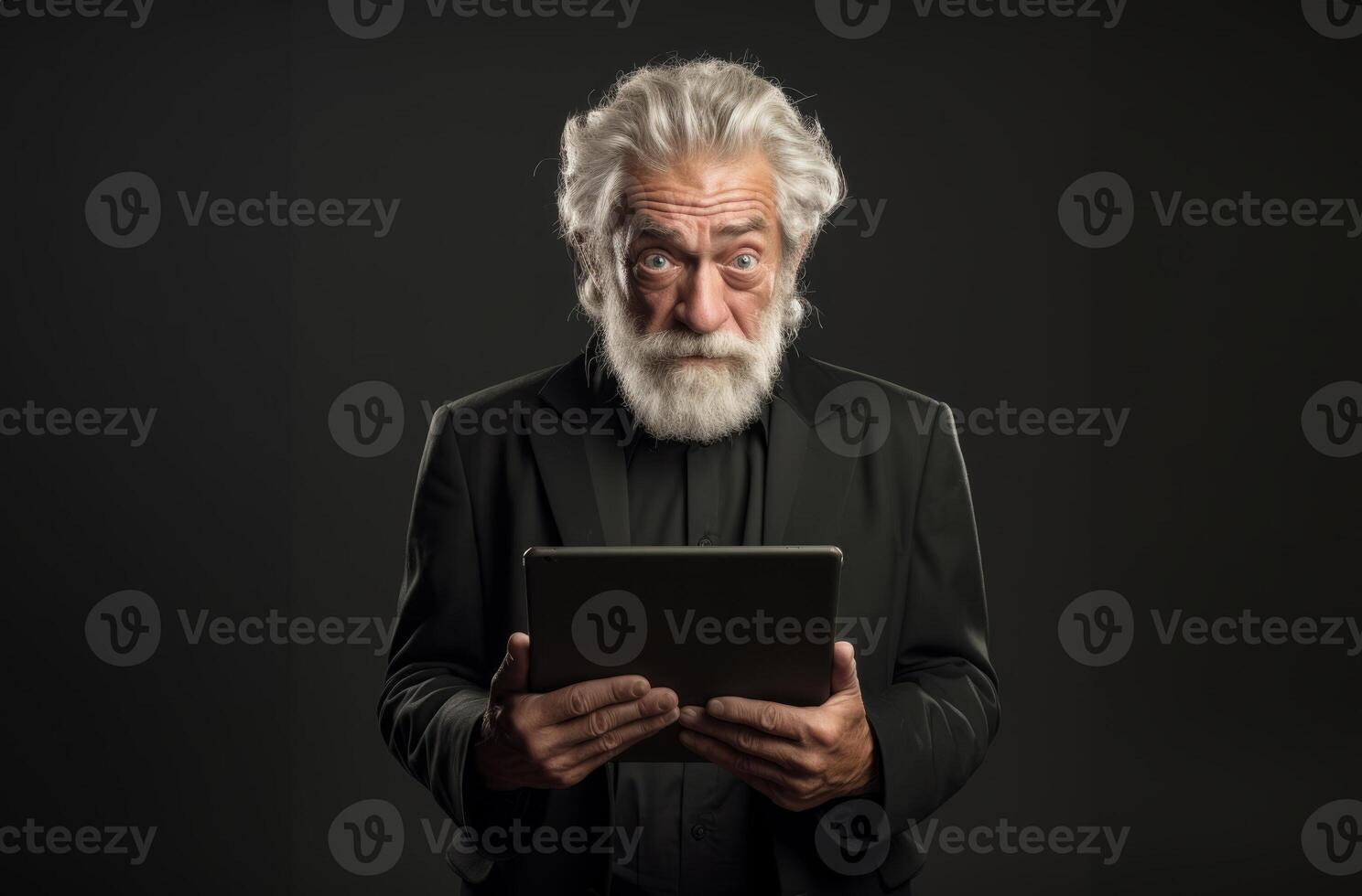 Elderly man with a beard engages with modern technology, using a tablet against a black backdrop, symbolizing the intersection of age and digital connectivity in the contemporary era photo