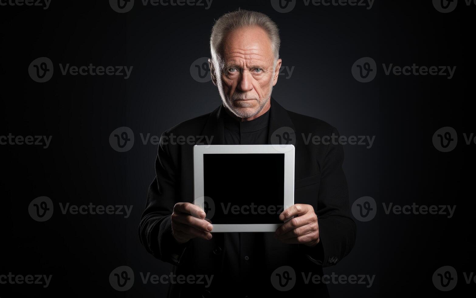 Confident middle-aged man, isolated on a black background, holds a tablet with modern elegance. photo