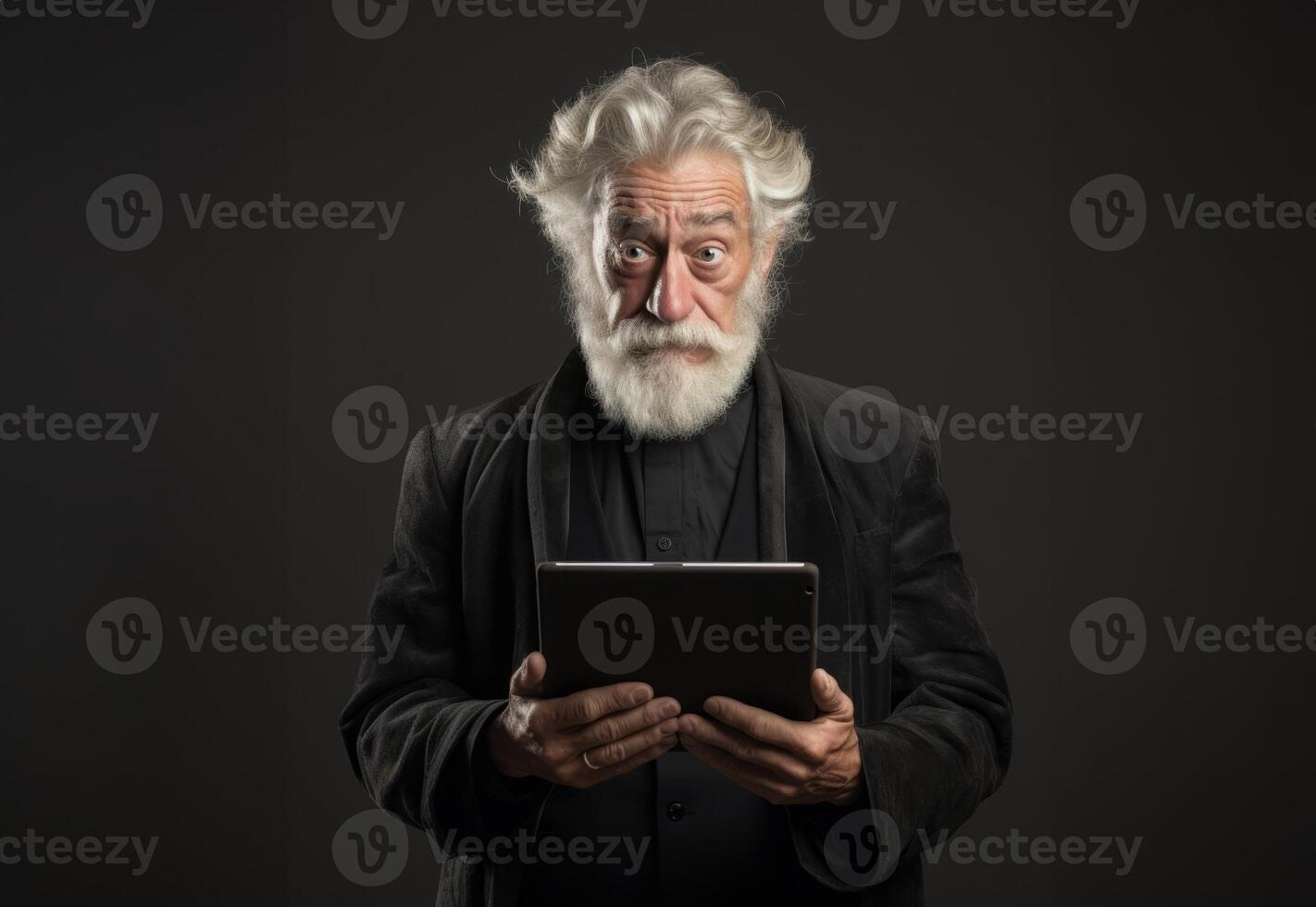 Elderly man with a beard engages with modern technology, using a tablet against a black backdrop, symbolizing the intersection of age and digital connectivity in the contemporary era photo