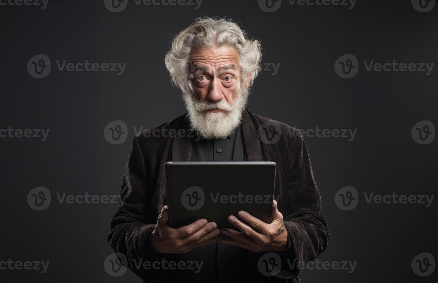 Elderly man with a beard engages with modern technology, using a tablet against a black backdrop, symbolizing the intersection of age and digital connectivity in the contemporary era photo
