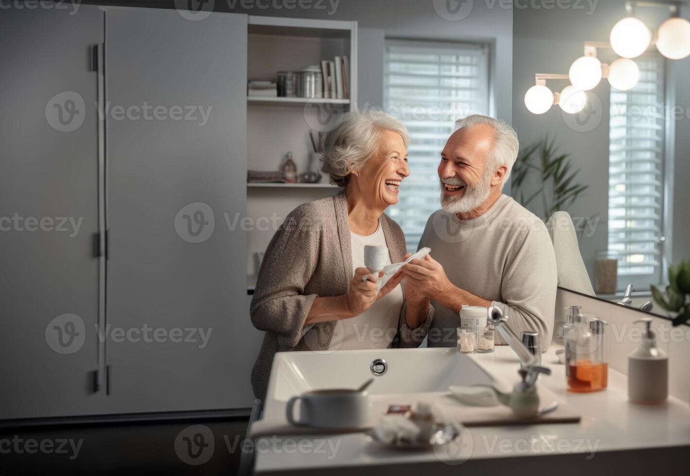 Elderly couple shares intimate moments in the bathroom, engaging in their skincare and grooming routines together, emblematic of the closeness and care that defines their enduring photo