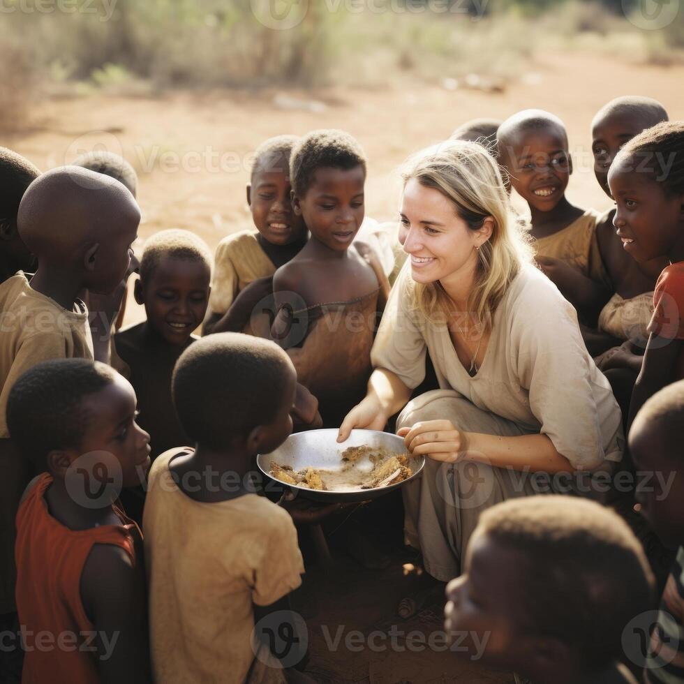Compassionate Volunteer. Feeding Hungry African-American Children photo